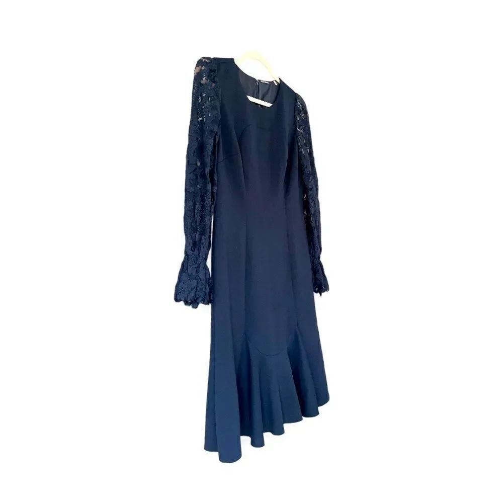 ELIE TAHARI | Navy Lace Sleeved Midi Cocktail Dress (6)